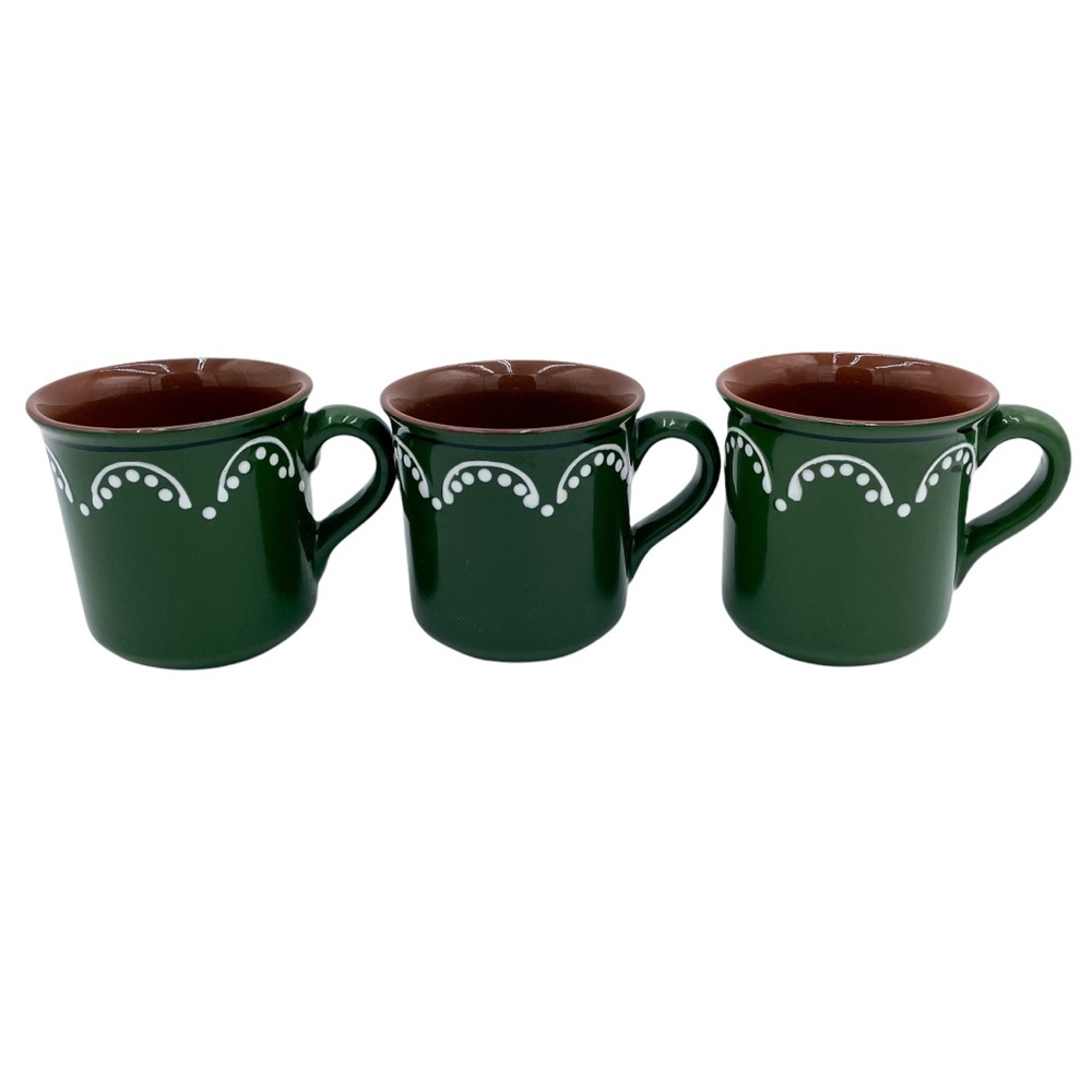 Set of 3 Emerald Green Pottery Ceramic Mugs with White Detailing